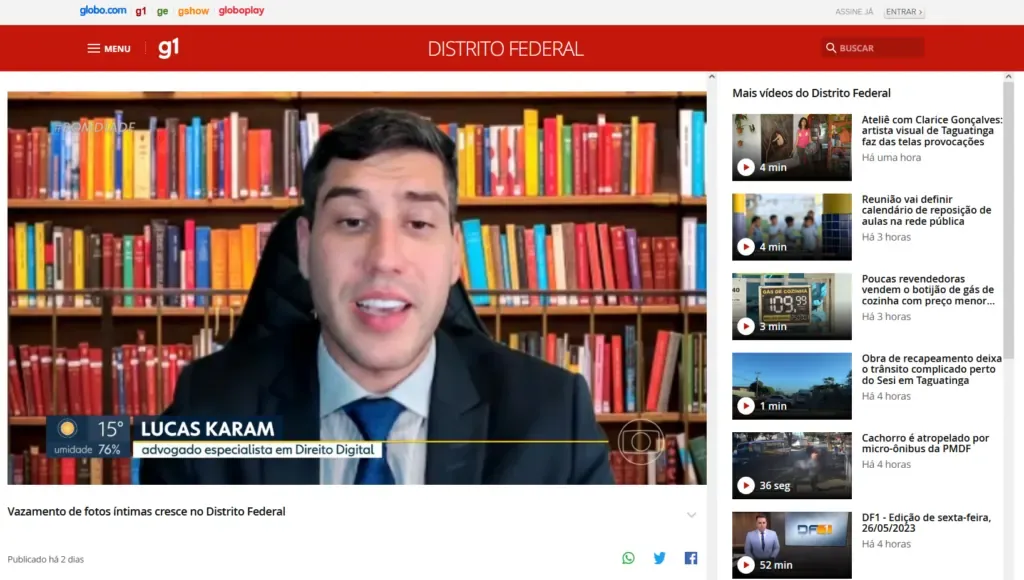 Lucas Karam entrevistado por g1 Distrito Federal: Ex-companheiros são maioria entre denunciados por vazamento de imagens íntimas no DF